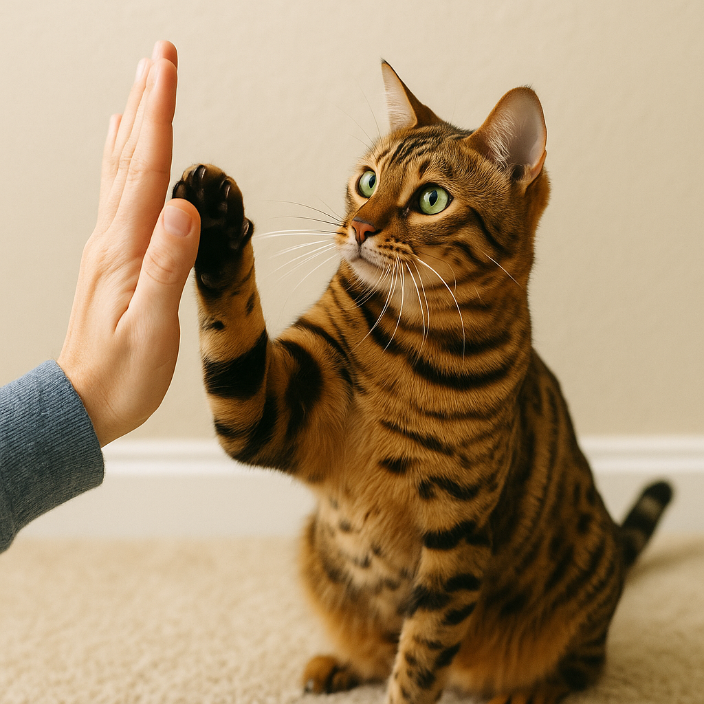 Bengal cat performing a trained behavior like "high-five" with owner