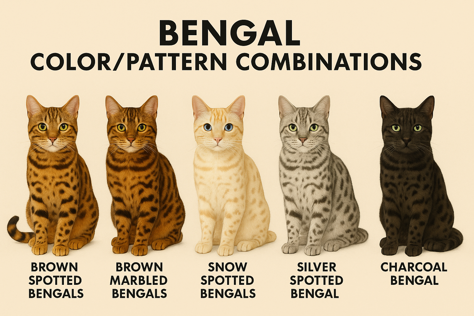 bengal cat color patterns for Brown Spotted Bengals, Brown Marbled Bengals, Snow Spotted Bengals, Silver Spotted Bengals, Charcoal Bengal