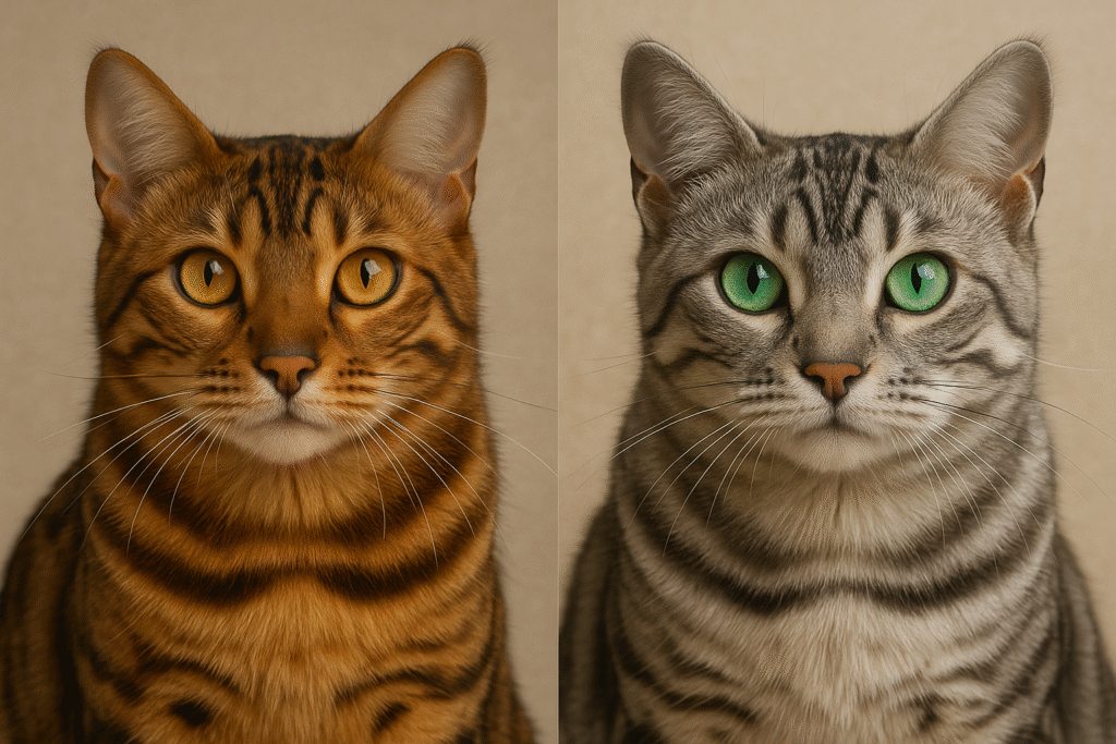 A collage or side-by-side photo showcasing a Brown Bengal with clear gold eyes next to another Brown Bengal with striking blue eyes